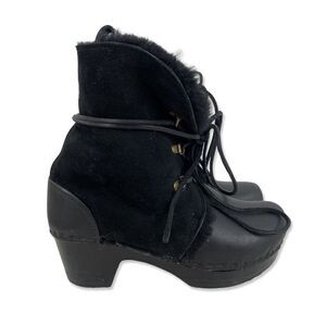 No. 6 Black Shearling Clog Boots Sz 5 Leather Lace Up Ankle Winter Platforms 36